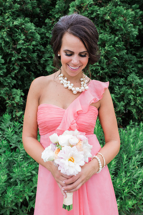pink bridesmaid with peony bouquet