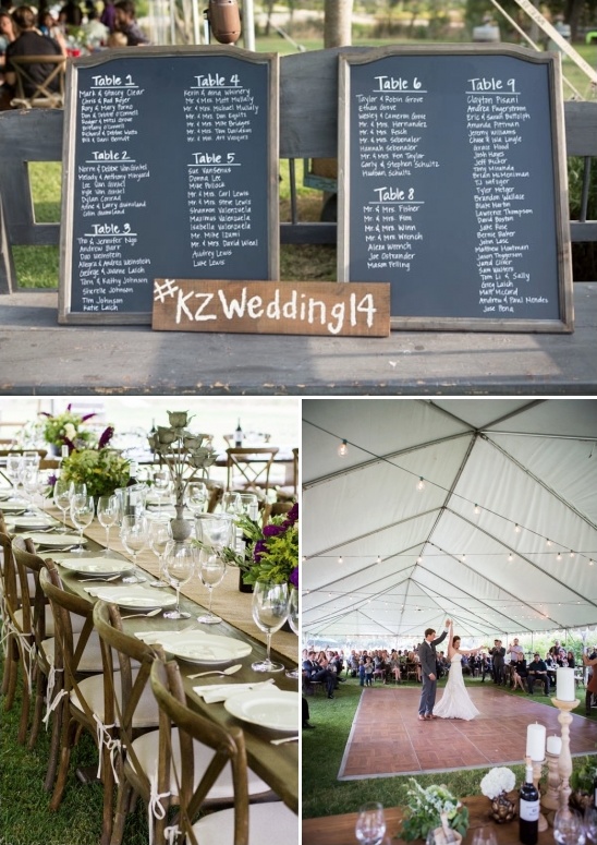 Wedding seating chart and reception details at outdoor event