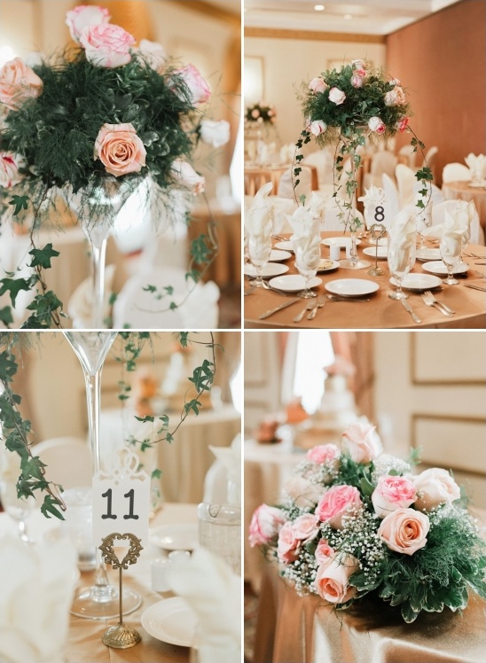 formal dinner reception with rose and ivy centerpieces