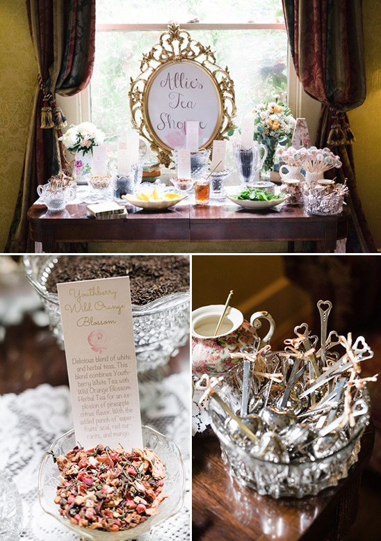 Elegant tea party setup with a sign and various tea blends