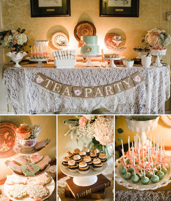 Elegant tea party with cake and sweet treats laid out