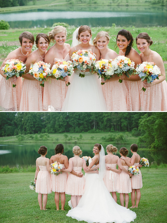 Bride and bridesmaids in peach dresses, lovely bouquets