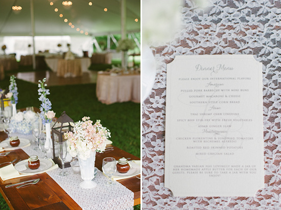 Wedding reception table with floral decor and dinner menu
