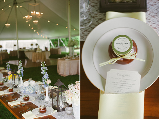 Elegant wedding reception table setting with homemade apple butter