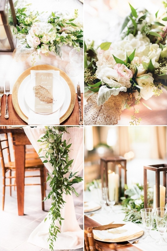 gold accented ivy and lantern table decor