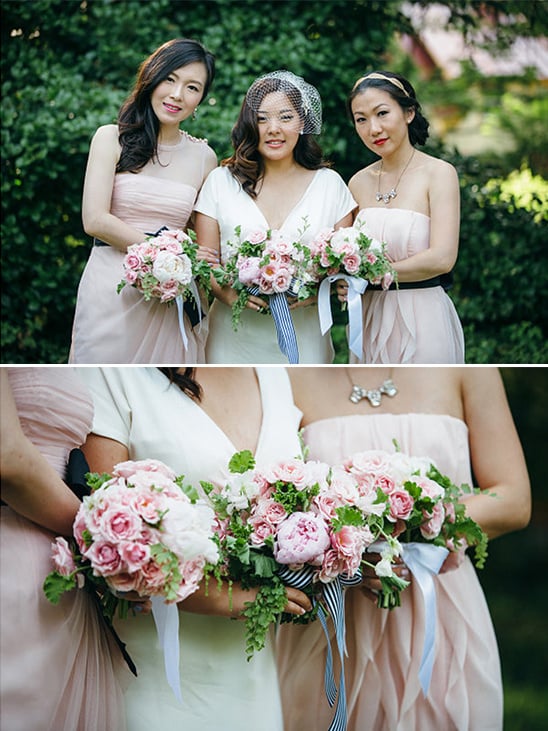 pink bridesmaids dresses with black sash