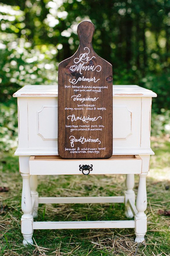 wedding menu on cutting board