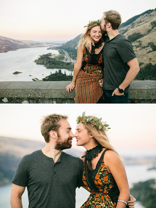 Romantic couple kissing in a beautiful landscape with a lake view