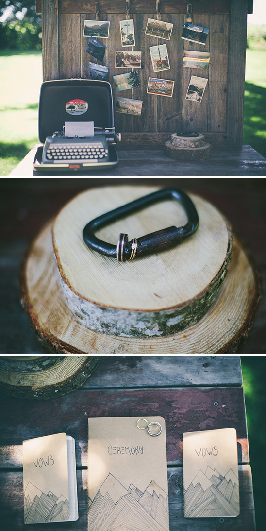 rustic welcome table and carabiner wedding ring display
