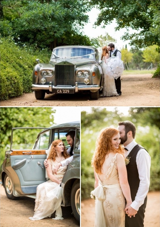 Bride and groom pose with vintage car on their wedding day