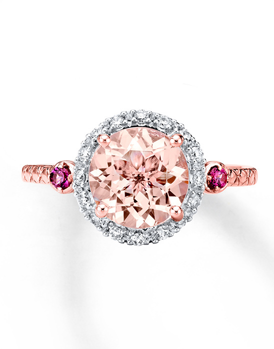 Elegant morganite ring with diamond halo and pink accents