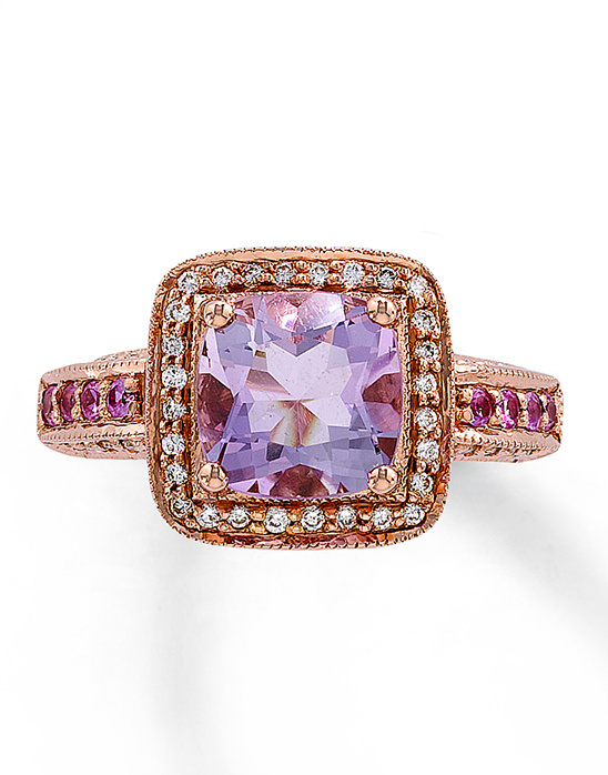 Rose gold ring with purple gemstone and diamonds detail