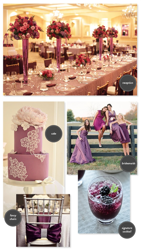 Elegant wedding inspiration board with purple and pink details