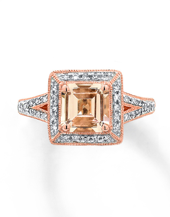 Elegant peach gemstone ring with diamond halo and rose gold