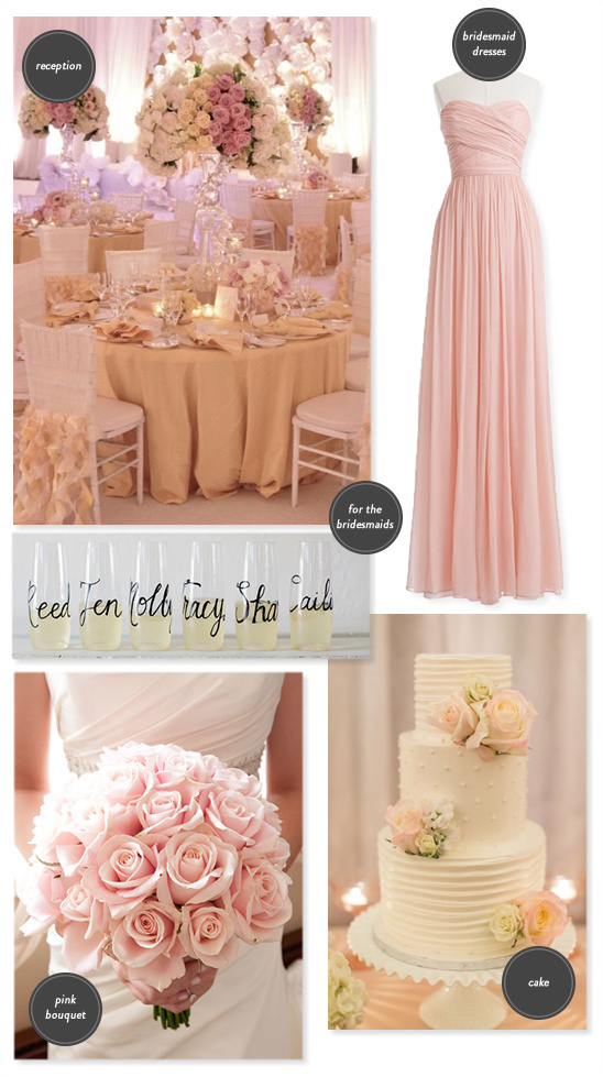 Elegant wedding inspiration with reception, dress, bouquet, and cake