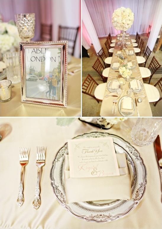 city named tables with glam silver and white decor