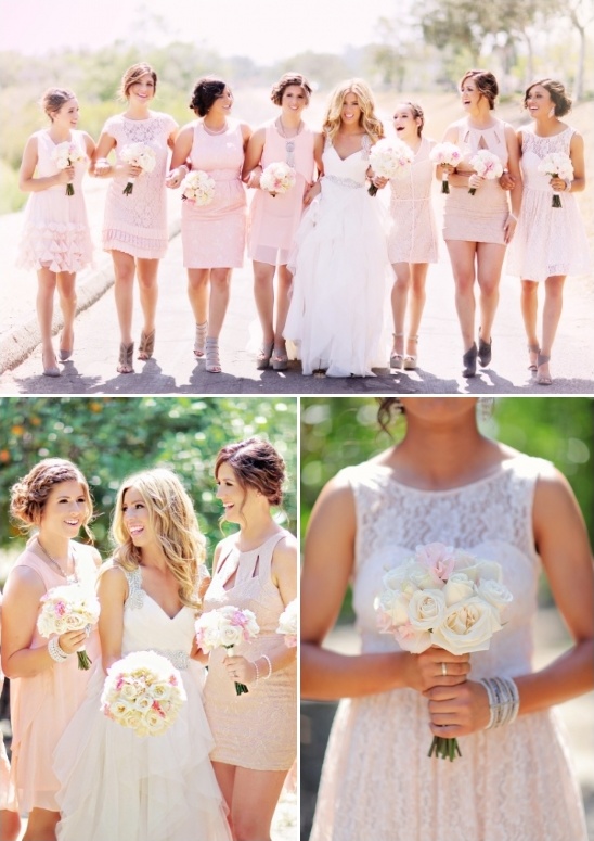 soft pink bridesmaids in assorted dress styles