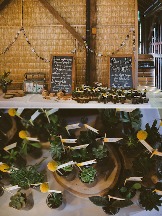 welcome table with potted plant favors