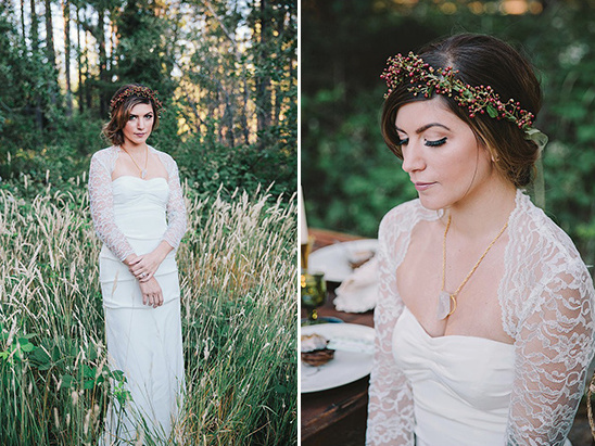 Boho bride with floral crown in lace wedding dress
