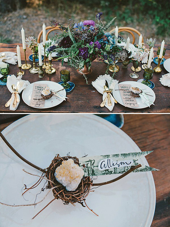 Rustic wedding table setting with floral centerpiece