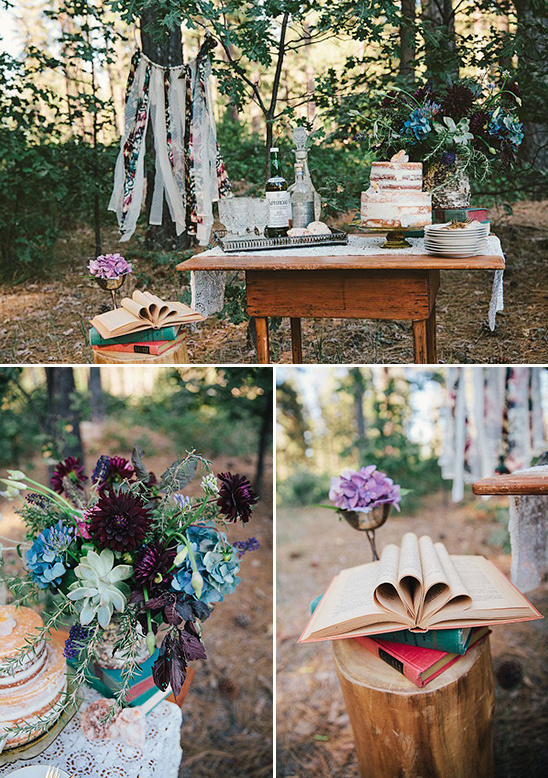 Boho forest wedding dessert table cake flowers books