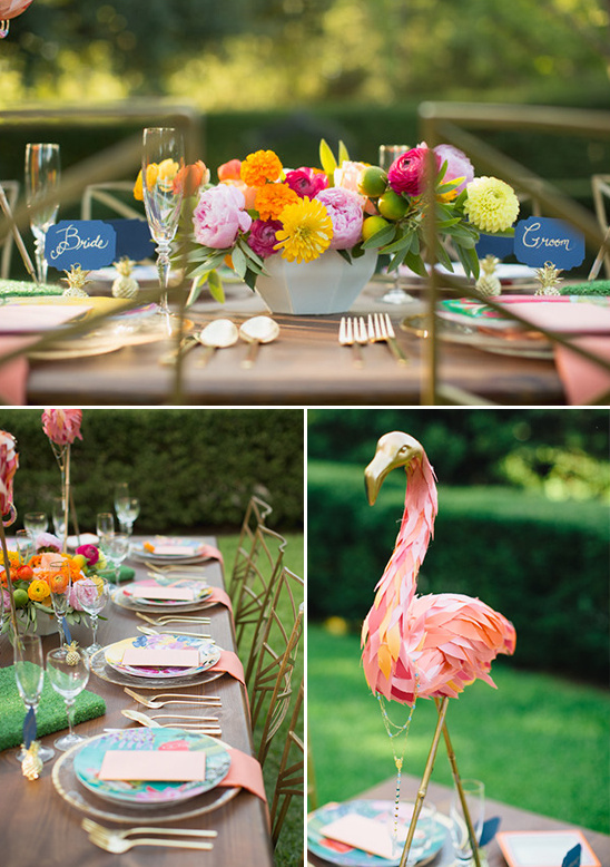 flamingo centerpieces with brightly colored table settings