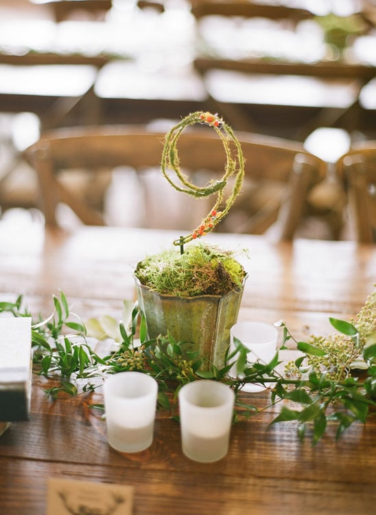 moss covered table numbers photo by Chelsea Mitchell Photography