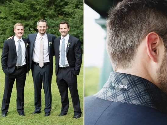 Three groomsmen in suits and date embroidered on jacket