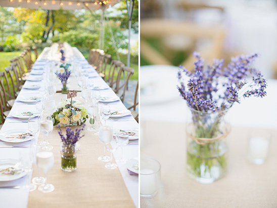 Elegant outdoor table setting with lavender flower centerpieces