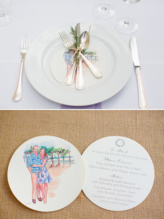 Elegant table setting with custom wedding menu and artwork