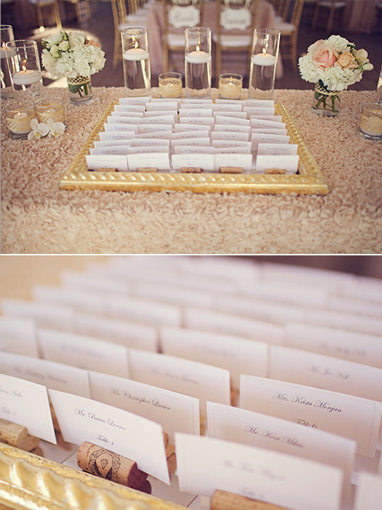 escort card with wine cork stands