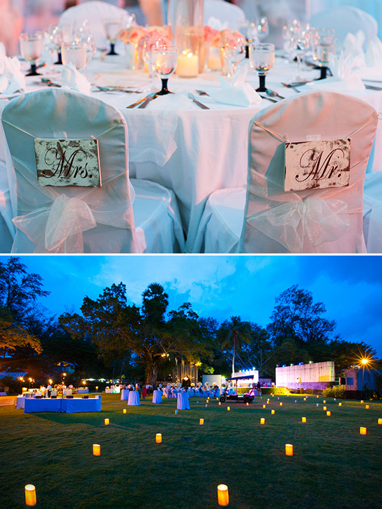 mr and mrs seat signs and lantern lit reception