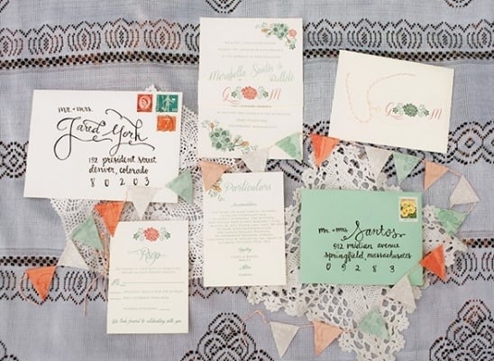 peach and mint wedding stationery