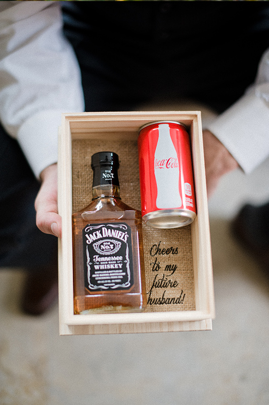 Groom gift box with whiskey and Coke, a cheers message