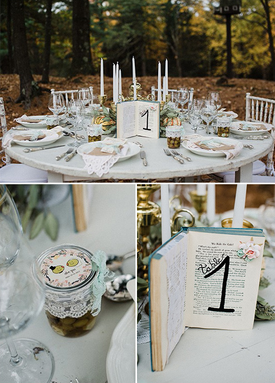 Elegant wedding table with vintage book table number and candles