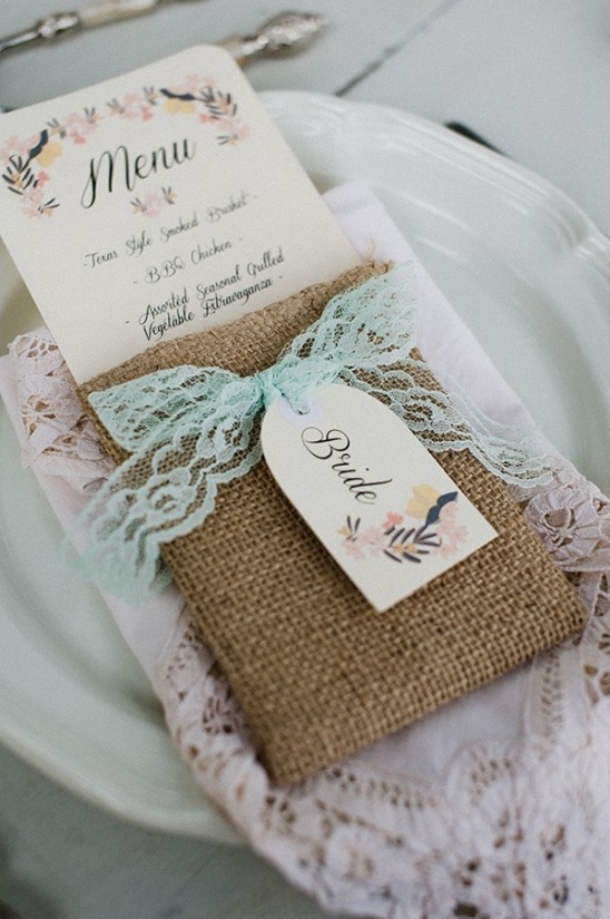 Elegant wedding menu with burlap, lace, and a Bride tag