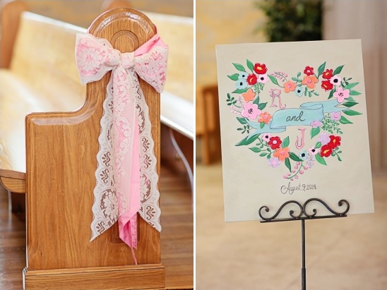 lace bow aisle decor and handpainted sign