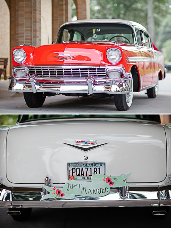 retro wedding wheels with a just married sign