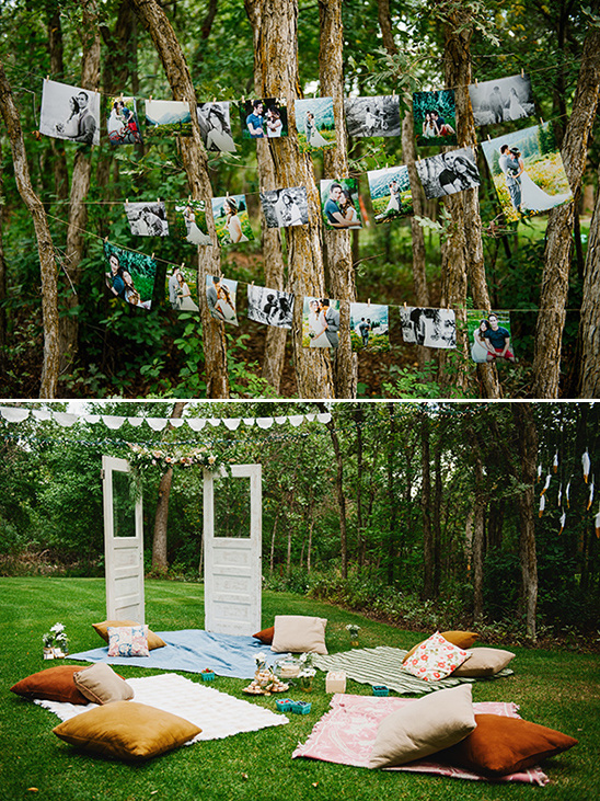 picnic style seating and photo display