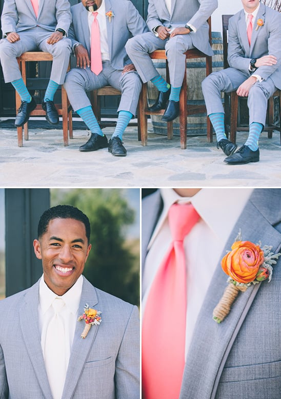 peach and gray groomsmen with blue socks