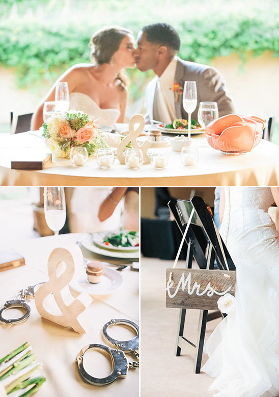sweetheart table with playful handcuff centerpiece
