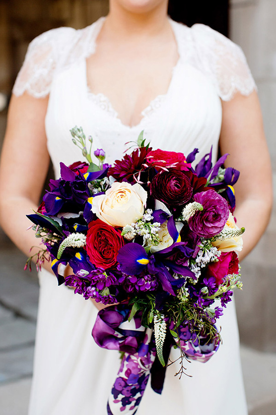 purple bouquet tied up with a silk scarf