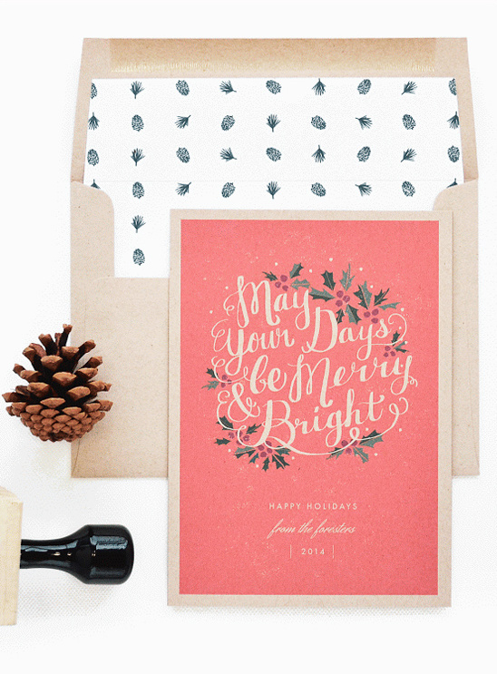 Merry and bright holiday greeting card with pine cone