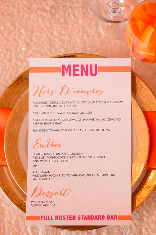 pink and orange wedding menu