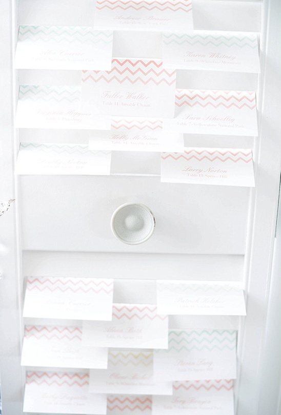 Elegant wedding place cards with chevron pattern and names displayed