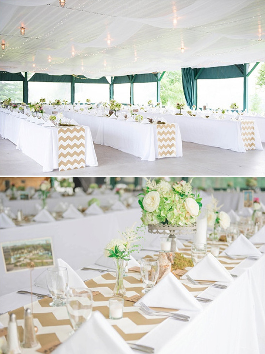 Elegant wedding reception venue with decorated tables and chevron runners
