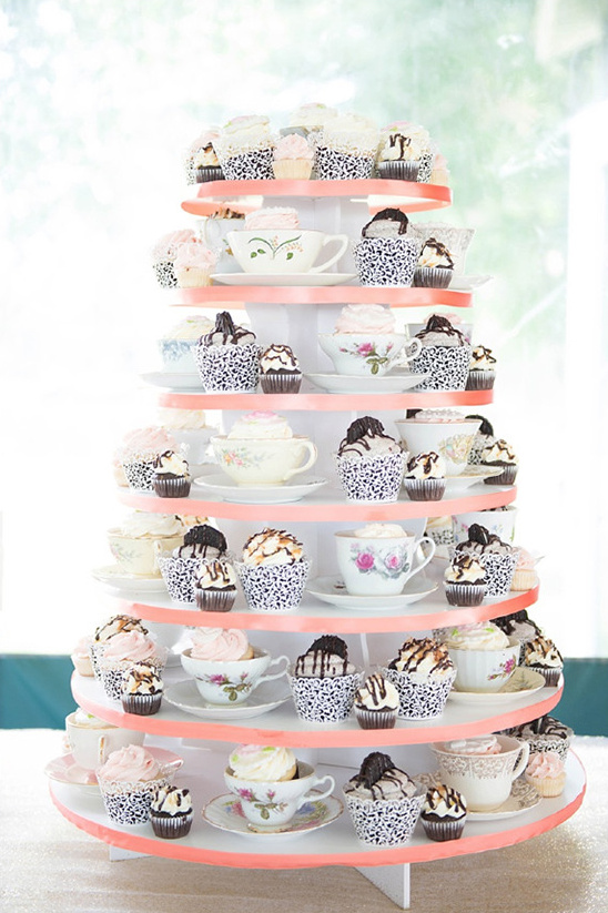 Cupcake tower with floral teacups and delicious treats