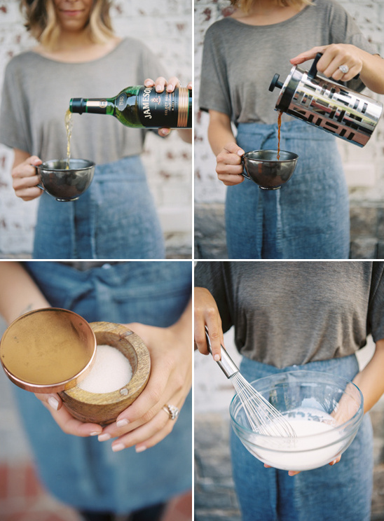 Woman prepares drink with whiskey, salt and whipped cream