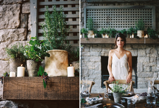 Rustic wedding decor with herbs and candles near fireplace