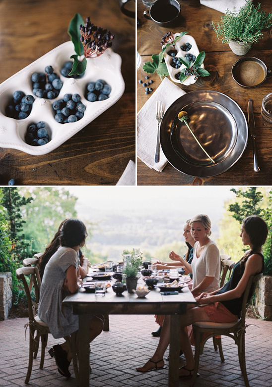 Elegant outdoor dinner party with blueberries and friends
